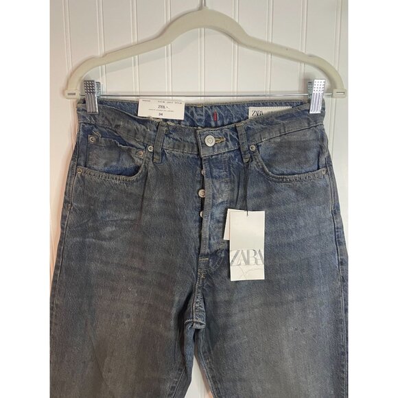 Zara Womens Loose Fit Straight Leg Low Rise Denim Jeans Size 34 Blue Distressed - Picture 4 of 16